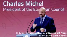 In this photo provided by the Slovenian Government, European Council President Charles Michel speaks during the Bled Strategic Forum 2023 at the Bled Festival Hall in Bled, Slovenia, Monday, Aug. 28, 2023. (Daniel Novakovic/Slovenian Government Press Service via AP)
