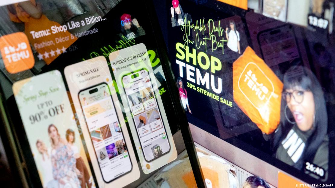  A closeup of a mobile phone showing the Temu shopping app in the app store
