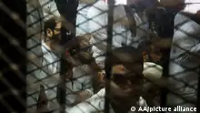 CAIRO, EGYPT - JANUARY 9: Defendants attend the trial session behind a cage in Cairo, Egypt on January 9, 2018. An Egyptian court slapped some 268 people with jail terms in connection with the dispersal of a major protest camp in support of former President Mohamed Morsi in 2013. The court sentenced 23 people to life in prison for taking part in a sit-in in Giza province's Nahda square, west of Cairo. Stringer / Anadolu Agency
