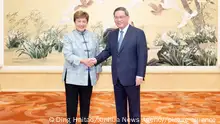 (230901) -- BEIJING, Sept. 1, 2023 (Xinhua) -- Chinese Premier Li Qiang meets with International Monetary Fund (IMF) Managing Director Kristalina Georgieva at the Great Hall of the People in Beijing, capital of China, Sept. 1, 2023. (Xinhua/Ding Haitao)