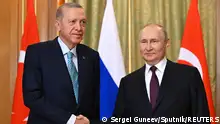 Russian President Vladimir Putin shakes hands with Turkish President Tayyip Erdogan during a meeting in Sochi, Russia, September 4, 2023. Sputnik/Sergei Guneev/Pool via REUTERS ATTENTION EDITORS - THIS IMAGE WAS PROVIDED BY A THIRD PARTY.