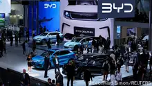 A general view of visitors looking at models from BYD, a Chinese automobile manufacturer, during an event a day ahead of the official opening of the 2023 Munich Auto Show IAA Mobility, in Munich, Germany, September 4, 2023. REUTERS/Leonhard Simon