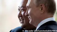 FILE PHOTO: Russian President Vladimir Putin and North Korea's leader Kim Jong Un pose for a photo during their meeting in Vladivostok, Russia, April 25, 2019. Picture taken April 25, 2019. Alexander Zemlianichenko/Pool via REUTERS/File Photo