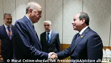 NEW DELHI, INDIA - SEPTEMBER 10: (----EDITORIAL USE ONLY - MANDATORY CREDIT - 'TURKISH PRESIDENCY / MURAT CETINMUHURDAR / HANDOUT' - NO MARKETING NO ADVERTISING CAMPAIGNS - DISTRIBUTED AS A SERVICE TO CLIENTS----) Turkish President Recep Tayyip Erdogan (L) meets with Egyptian President Abdel Fattah Al-Sisi (R) as part of the G20 Leaders' Summit in New Delhi, India on September 10, 2023. TUR Presidency/Murat Cetinmuhurdar / Handout / Anadolu Agency
