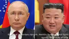 Russian President Vladimir Putin listens during a meeting in Moscow, Aug. 23, 2023, and North Korean leader Kim Jong Un speaks during a meeting of the ruling Workers' Party at its headquarters in Pyongyang, North Korea, in early 2023. The White House says it has intelligence showing Putin and Kim Jong Un have swapped letters as Russia looks to North Korea for additional munitions for its war in Ukraine. (Mikhail Klimentyev, Sputnik, Kremlin Pool and Korean Central News Agency/Korea News Service via AP)