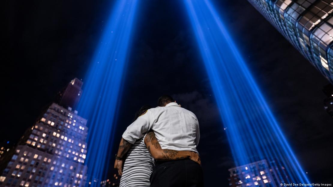 People gather at Tribute of Light, New York, on September 11.
