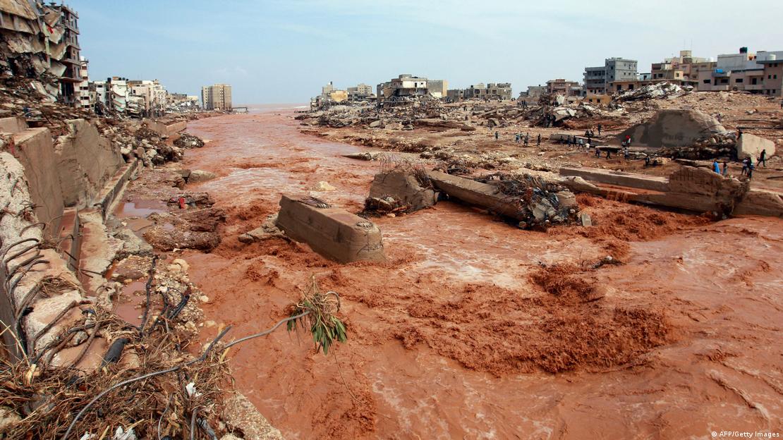 Muddy waters and damaged high-rise buildings