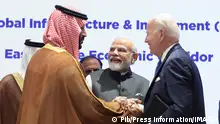 September 9, 2023, New Delhi, India: Indian Prime Minister Narendra, center, joins hands with U.S. President Joe Biden, right, and Saudi Crown Prince Mohammed bin Salman, left, the Partnership for Global Infrastructure and Investment & India-Middle East-Europe Economics Corridor event during the G20 Summit at the Bharat Mandapam, September 9, 2023 in New Delhi, India. New Delhi India - ZUMAp138 20230909_zaa_p138_029 Copyright: xPib/PressxInformationx