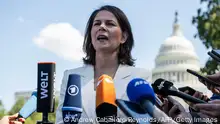 German Foreign Minister Annalena Baerbock speaks during a press conference near the US Capitol in Washington, DC, on September 14, 2023. (Photo by ANDREW CABALLERO-REYNOLDS / AFP) (Photo by ANDREW CABALLERO-REYNOLDS/AFP via Getty Images)