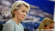 European Commission President Ursula von der Leyen and Italian Prime Minister Giorgia Meloni attend a press conference at the airport after a visit to the hotspot, a reception centre for migrants, and later the port where they arrive, in Lampedusa, Italy, September 17, 2023. REUTERS/Yara Nardi