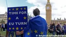 23.09.2023****Demonstrators from National Rejoin March, express their support for rejoining the European Union outside the Houses of Parliament in London, Britain, September 23, 2023. REUTERS/ Susannah Ireland