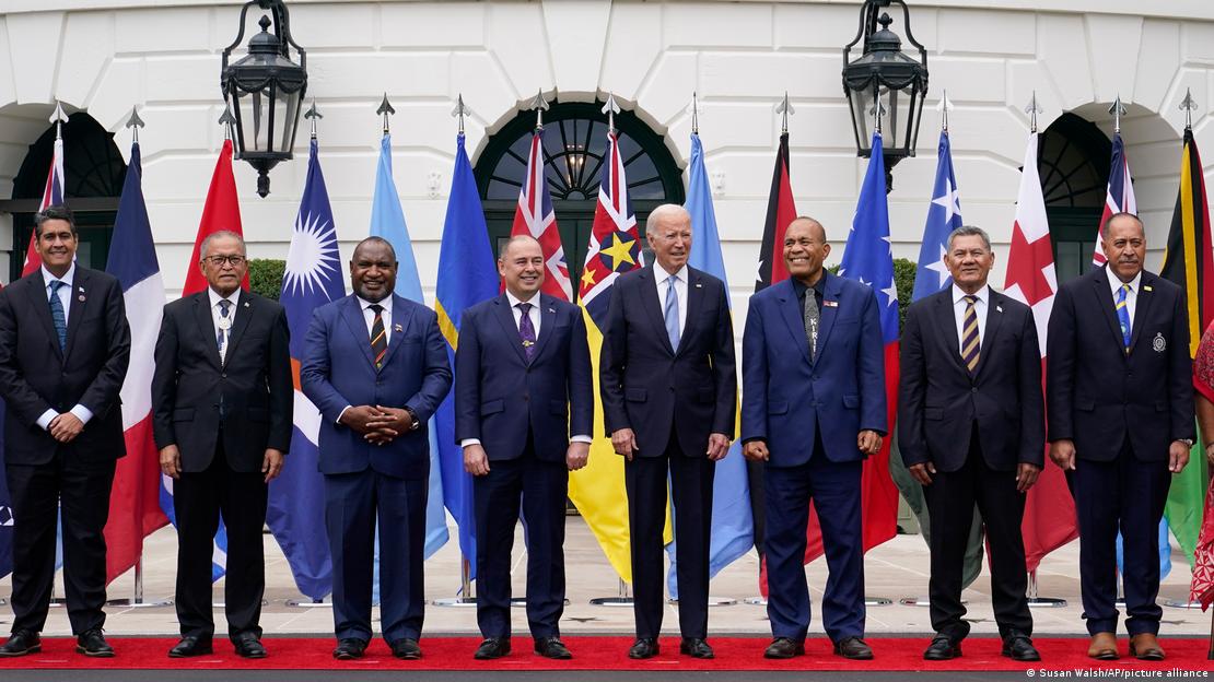 President Joe Biden, sixth from right, poses for a family photo with Pacific Islands Forum leaders at the White House in Washington