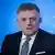 Robert Fico, leader of the Smer-SD party, stands in front of a blue background printed with the year 2023 during an electoral TV debate, Bratislava, Slovakia, September 26, 2023