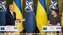 NATO Secretary General Jens Stoltenberg, left, and Ukrainian President Volodymyr Zelenskyy attend their press conference in Kyiv, Ukraine, Thursday, Sept. 28, 2023. (Ukrainian Presidential Press Office via AP)