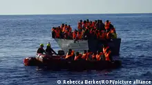 Mediterranean sea / Italy - August 18, 2023 Refugees rescued by Aurora rescue vessel of Sea-Watch.