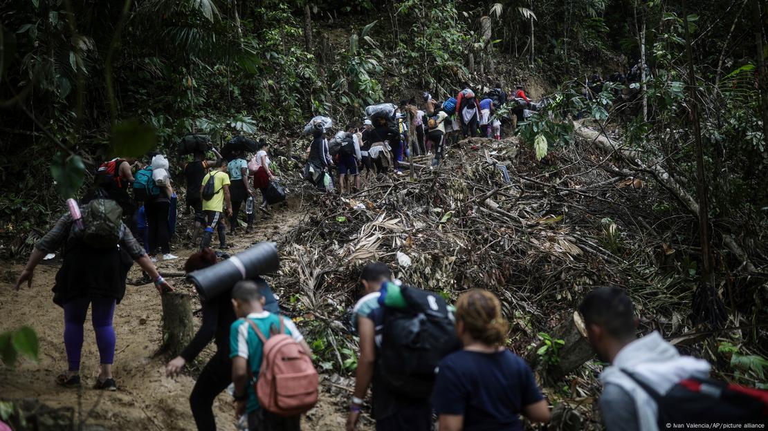 Personas migrantes atraviesan la selva del Tapón del Darién.
