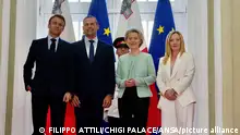 29/09/2023 A handout picture provided by the Chigi Palace Press Office shows (L-R) French President Emmanuel Macron, Malta's Prime Minister Robert Abela, EU Commission President Ursula von der Leyen and Italian Prime Minister Giorgia Meloni during the 10th Summit of the Leaders of the Southern Countries of the European Union, in Valletta, Malta, 29 September 2023. The EU-Med9 meeting brings together the leaders or representatives of Spain, Portugal, France, Italy, Greece, Malta, Cyprus, Slovenia and Croatia. ANSA/ CHIGI PALACE PRESS OFFICE/ FILIPPO ATTILI +++ ANSA PROVIDES ACCESS TO THIS HANDOUT PHOTO TO BE USED SOLELY TO ILLUSTRATE NEWS REPORTING OR COMMENTARY ON THE FACTS OR EVENTS DEPICTED IN THIS IMAGE; NO ARCHIVING; NO LICENSING +++ NPK +++
