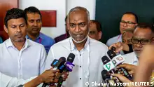 30.09.2023**Mohamed Muizzu, Maldives presidential candidate of the opposition party, People's National Congress speaks with the media personnel during the second round of a presidential election in Male, Maldives September 30, 2023. REUTERS/Dhahau Naseem NO RESALES. NO ARCHIVES