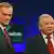 Jaroslaw Kaczynski (right) and Donald Tusk stand smiling side by side a few minutes before a live television debate ahead of the 2007 parliamentary election, Warsaw, Poland, October 12, 2007