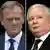 Two photos of Donald Tusk (left) and Jaroslaw Kaczynski, both looking serious