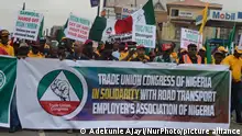 Members of Trade Union Congress (TUC) hold a peace protest over the proscription of Road Transport Employers' Association of Nigeria (RTEAN) by the Lagos State Government, at Alausa, Ikeja, Lagos, Nigeria, on Monday September 25, 2023. Photo by Adekunle Ajayi (Photo by Adekunle Ajayi/NurPhoto)