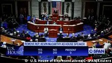 A motion to vacate the chair of House Speaker Kevin McCarthy (R-CA) and end McCarthy's continued leadership as Republican Speaker of the House passes by a vote of 216-210, in this frame grab taken from live C-SPAN television footage shot at the U.S. Capitol in Washington, U.S. October 3, 2023. U.S. House of Representatives/C-SPAN/Handout via REUTERS THIS IMAGE HAS BEEN SUPPLIED BY A THIRD PARTY.