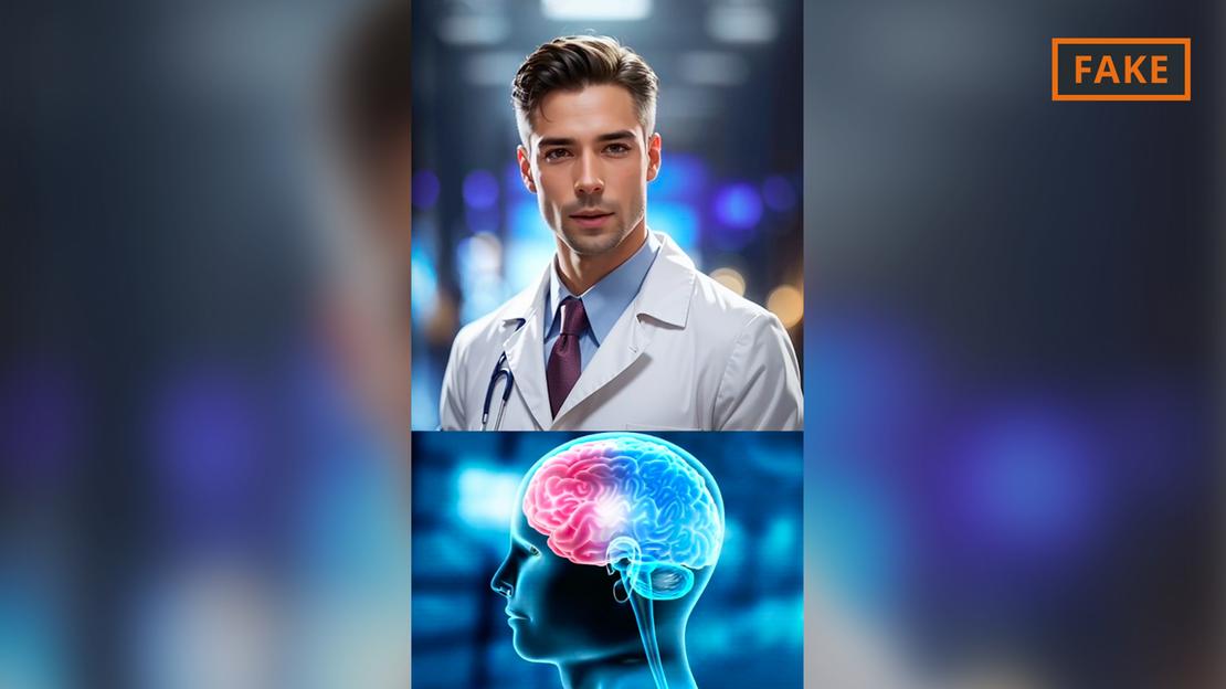Un médico con bata blanca habla mientras se ve la imagen de un cerebro bajo su video.