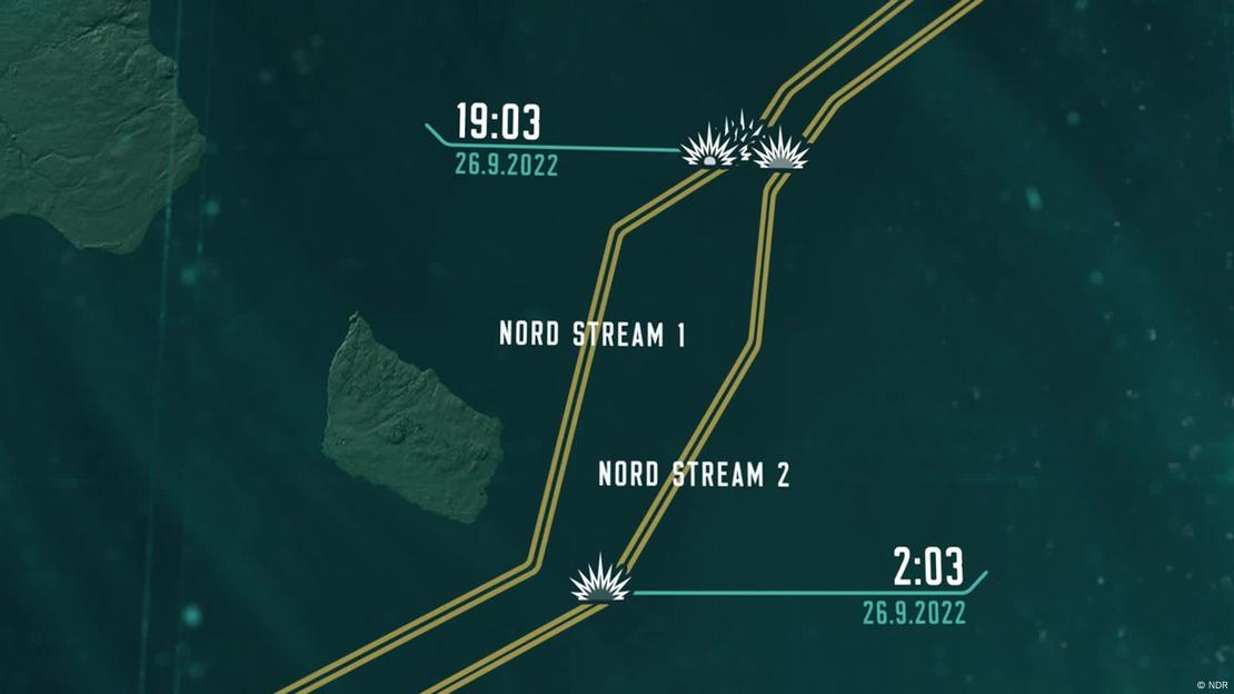 A CG image showing sites of the blasts on Nord Stream pipelines