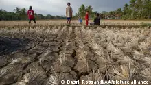 Children playing in dry paddy fields and cracked soil in Ketangi village, Purworejo, Central Java