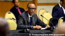 05.07.2023*****Rwanda's President Paul Kagame gestures as tributes are paid to mark CARICOM's 50th anniversary, in the framework of the 45th Caribbean Community's Heads of Government meeting in Port of Spain, Trinidad and Tobago on July 5, 2023. (Photo by Trinidad Express Newspaper / AFP)