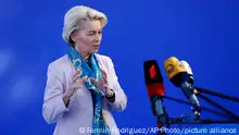 European Commission President Ursula von der Leyen speaks to the media during the 2nd day of the Europe Summit in Granada, Spain, Friday, Oct. 6, 2023. European Union leaders have pledged Ukrainian President Volodymyr Zelenskyy their unwavering support. On Friday, they will face one of their worst political headaches on a key commitment. How and when to welcome debt-laden and war-battered Ukraine into the bloc. (AP Photo/Fermin Rodriguez)