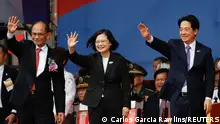 Taiwan's President Tsai Ing-wen waves next to Taiwan’s Vice President William Lai and Taiwan's Parliament Speaker You Si-kun, during the National Day celebration ceremony in Taipei, Taiwan October 10, 2023. REUTERS/Carlos Garcia Rawlins