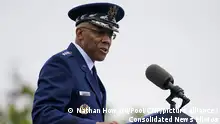 United States Air Force General Charles Q. Brown, Jr, incoming Chair, Joint Chiefs of Staff, speaks during a ceremony at the Armed Forces Farewell Tribute in honor of General Mark A. Milley, 20th Chairman of the Joint Chiefs of Staff, and participates in an Armed Forces Hail in honor of General Charles Q. Brown, Jr., the 21st Chairman of the Joint Chiefs of Staff at Joint Base Myer-Henderson Hall, Arlington, Virginia on September 29, 2023. Credit: Nathan Howard / Pool via CNP