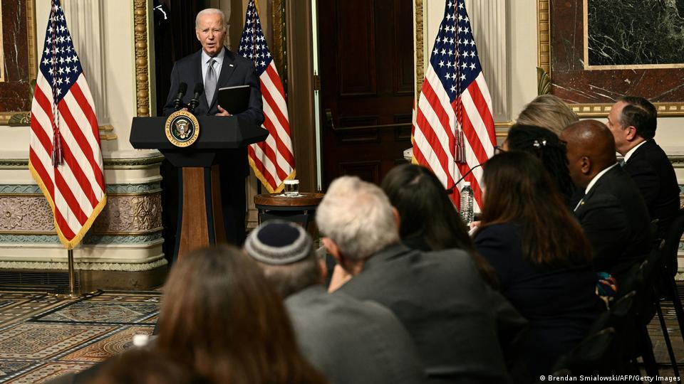 Joe Biden speaks to Jewish community leaders at the White House