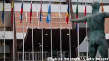 This photograph, taken on March 16, 2022 shows an empty flag pole in front of the Council of Europe, in Strasbourg, eastern France, after the russian flag has been removed. - Russia on March 16, 2022 ceased to be a member of the Council of Europe after over a quarter of a century of membership in the pan-European rights body, the council said in a statement. (Photo by PATRICK HERTZOG / AFP) (Photo by PATRICK HERTZOG/AFP via Getty Images)