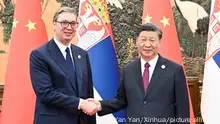 (231017) -- BEIJING, Oct. 17, 2023 (Xinhua) -- Chinese President Xi Jinping meets with Serbian President Aleksandar Vucic at the Great Hall of the People in Beijing, capital of China, Oct. 17, 2023. Aleksandar Vucic is in Beijing to attend the third Belt and Road Forum for International Cooperation. (Xinhua/Yan Yan)