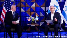 President Joe Biden meets with Israeli Prime Minister Benjamin Netanyahu, Wednesday, Oct. 18, 2023, in Tel Aviv. (AP Photo/Evan Vucci)