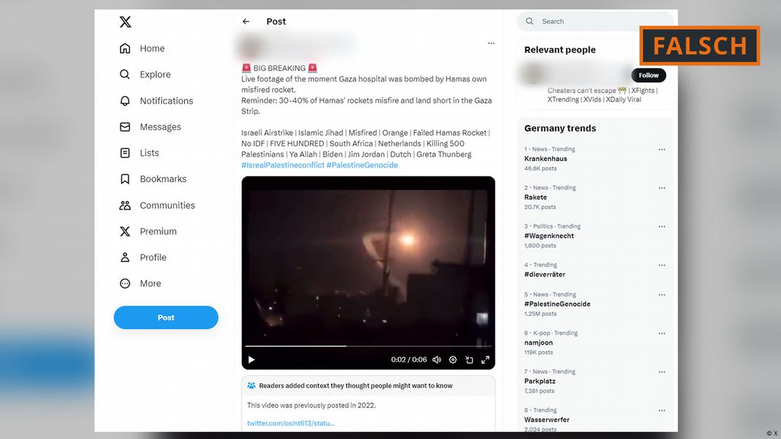 Ein Screenshot von einem X-Account zeigt einen Tweet mit einem Video einer Querschlägerrakete, das von August 2022 stammt, führt es aber als Beweis für die Urheberschaft des Raketeneinschlags vom 17. Oktober 2023 in einem Krankenhaus in Gaza an
