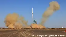 JIUQUAN, Oct. 26, 2023 (Xinhua) -- The Shenzhou-17 manned spaceship, atop a Long March-2F carrier rocket, blasts off from the Jiuquan Satellite Launch Center in northwest China on Oct. 26, 2023. (Xinhua/Li Gang)