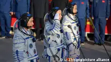 (231026) -- JIUQUAN, Oct. 26, 2023 (Xinhua) -- Chinese astronauts Tang Hongbo (C), Tang Shengjie (R) and Jiang Xinlin attend a see-off ceremony at the Jiuquan Satellite Launch Center in northwest China on Oct. 26, 2023. A see-off ceremony for three Chinese astronauts of the Shenzhou-17 crewed space mission was held on Thursday morning at the Jiuquan Satellite Launch Center in northwest China, according to the China Manned Space Agency. (Xinhua/Li Zhipeng)