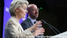 27/10/2023**European Council President Charles Michel and European Commission President Ursula von der Leyen give a press conference at the end of a European Union summit, at the EU headquarters in Brussels, on October 27, 2023. EU leaders called for humanitarian corridors and pauses in Israel's war with Hamas to get aid into Gaza, after hours of negotiations at a summit of the bloc in Brussels. (Photo by Kenzo TRIBOUILLARD / AFP) (Photo by KENZO TRIBOUILLARD/AFP via Getty Images)