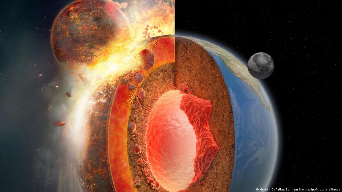 And artist's depiction of Theia (a small reddish orb) slamming into Earth, shown as a globe with a cross-section removed to expose its core And artist's depiction of Theia (a small reddish orb) slamming into Earth, shown as a globe with a cross-section removed to expose its core