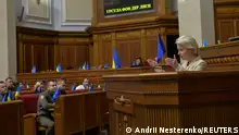 04/11/2023 European Commission President Ursula von der Leyen addresses Ukrainian lawmakers during a parliament session, amid Russia's attack on Ukraine, in Kyiv, Ukraine November 4, 2023. REUTERS/Andrii Nesterenko