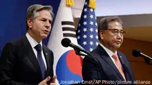 U.S. Secretary of State Antony Blinken, left, and South Korean Foreign Minister Park Jin hold a joint press conference after their meeting at the foreign ministry in Seoul, South Korea, Thursday, Nov. 9, 2023. (Jonathan Ernst/Pool Photo via AP)