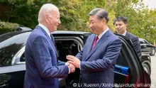 (231115) -- SAN FRANCISCO, Nov. 15, 2023 (Xinhua) -- U.S. President Joe Biden escorts Chinese President Xi Jinping to his car to bid farewell after their talks in the Filoli Estate in the U.S. state of California, Nov. 15, 2023. Chinese President Xi Jinping and U.S. President Joe Biden on Wednesday had a candid and in-depth exchange of views on strategic and overarching issues critical to the direction of China-U.S. relations and on major issues affecting world peace and development. The meeting was held at Filoli Estate, a country house approximately 40 km south of San Francisco, California. (Xinhua/Li Xueren)