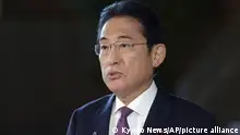 Japanese Prime Minister Fumio Kishida speaks to reporters at his office in Tokyo Tuesday, Nov. 21, 2023. North Korea told Japan that it will make a third attempt to launch a military spy satellite later this month, Japanese media reported Tuesday. (Kyodo News via AP)