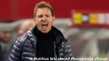 Germany's coach Julian Nagelsmann during the international friendly soccer match between Austria and Germany at the Ernst Happel stadium in Vienna, Austria, Tuesday, Nov. 21, 2023. (AP Photo/Matthias Schrader)