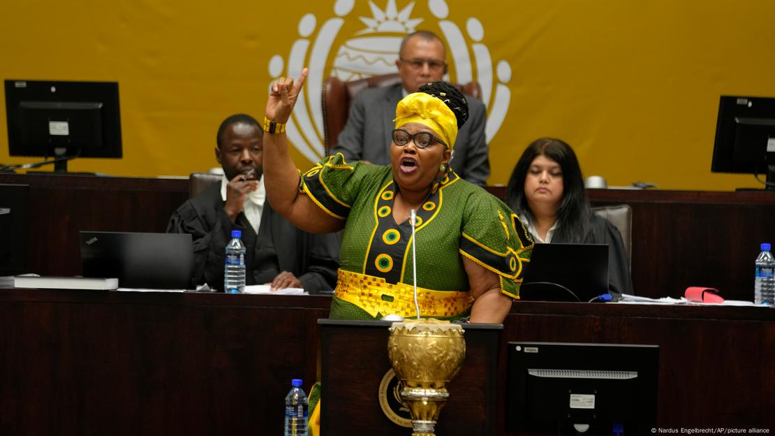 Pemmy Madjodina, chief whip of the ANC, addresses members of parliament in Cape Town