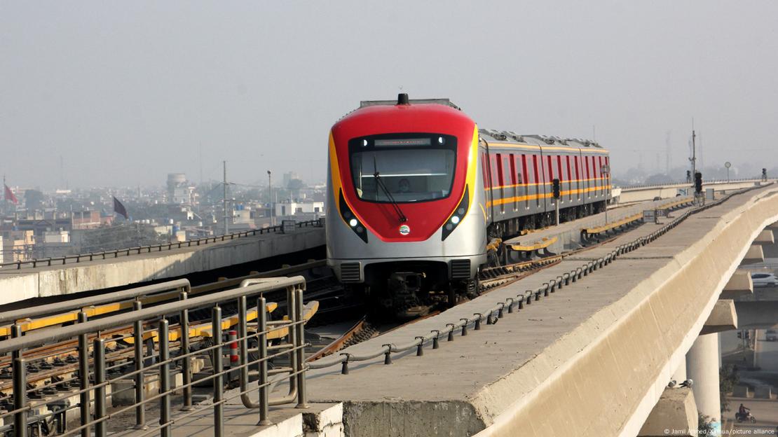 An Orange Line metro train on tracks in Lahore, Pakistan on December 29, 2021