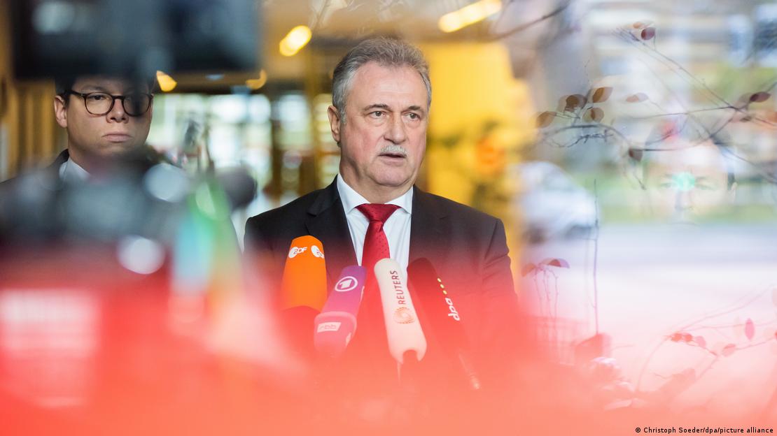 Claus Weselsky, the head of the GDL train drivers' union, speaks to the media after pay talks collapse with Deutsche Bahn, on November 24, 2023
